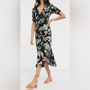 Oasis Floral Black midi Dress with balloon sleeve